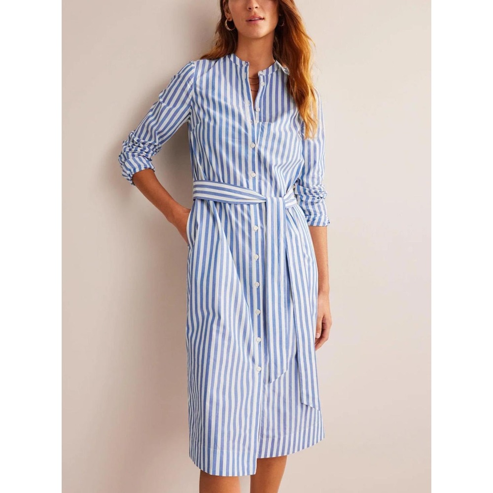 Boden Blue‎ White Striped Cotton Shirt Dress Tie Waist Pockets US 16-18R coastal